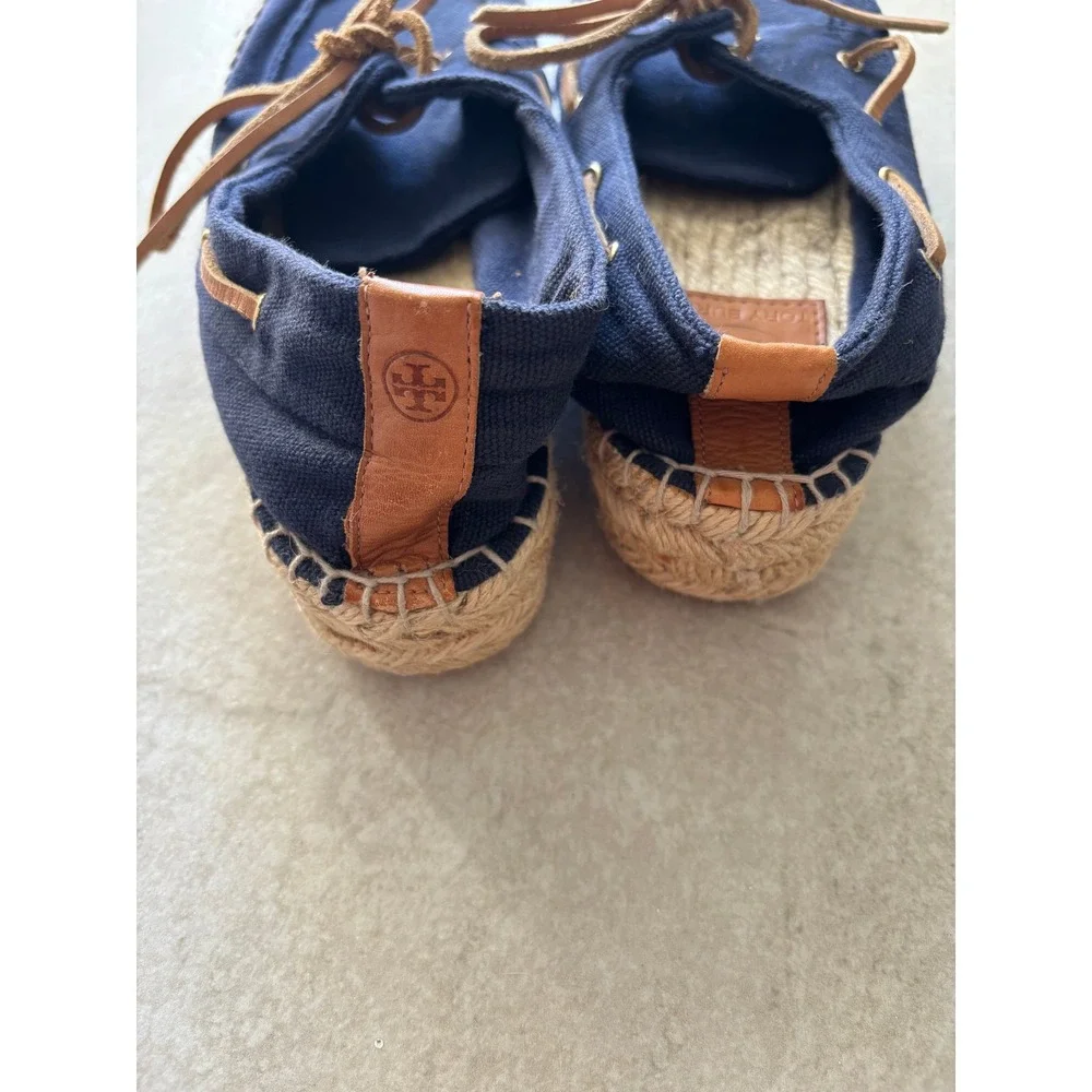 Tory Burch Blanton Espadrille Womens 9 Blue Tan Jute Resort Travel Vacation Boat
